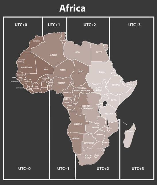 Mapa de husos horarios de África - Diferencias horarias africanas
