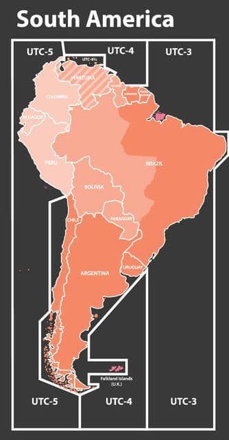 Mapa de husos horarios de América del Sur - Diferencias horarias sudamericanas