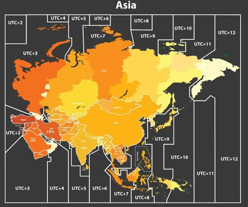Mapa de husos horarios de Asia - Diferencias horarias asiáticas