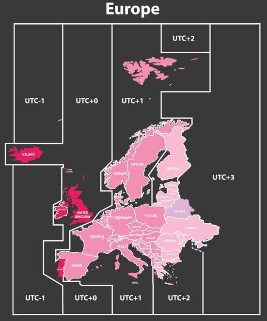 Mapa de husos horarios de Europa - Diferencias horarias europeas