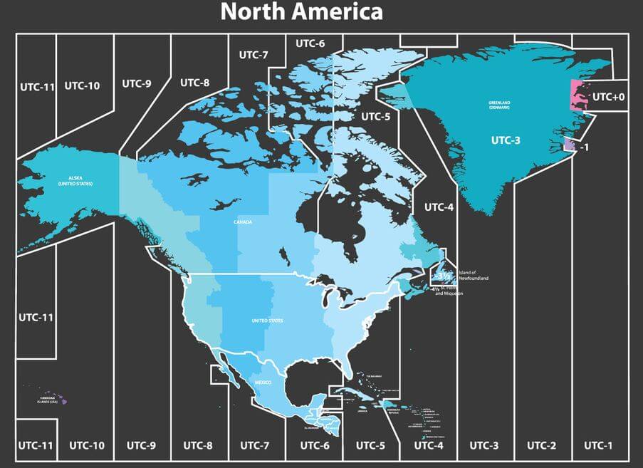 Mapa de zonas horarias de América del Norte